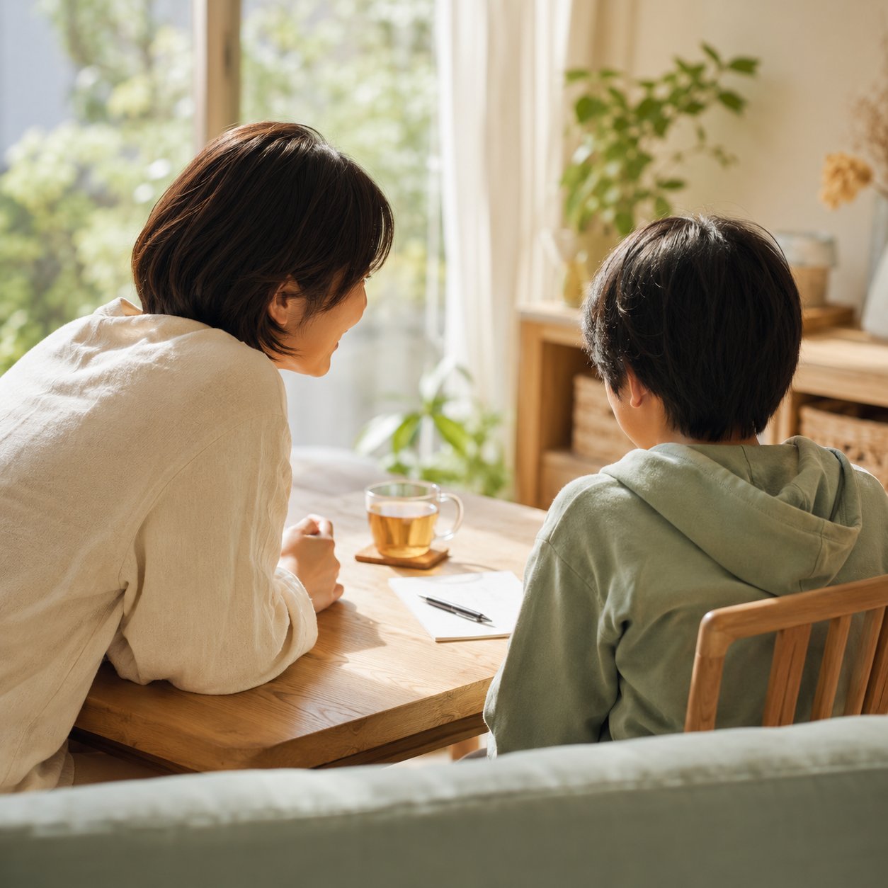 スタッフと子どもが穏やかに対話する様子。