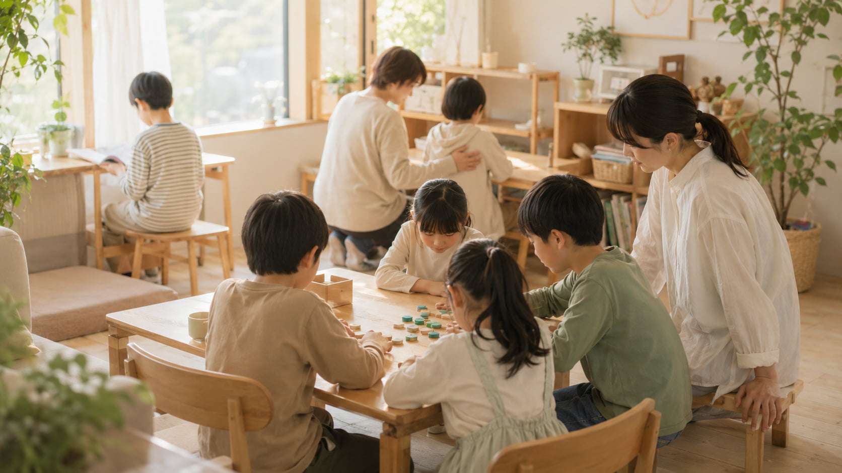 スタッフと子どもが穏やかに対話する様子。