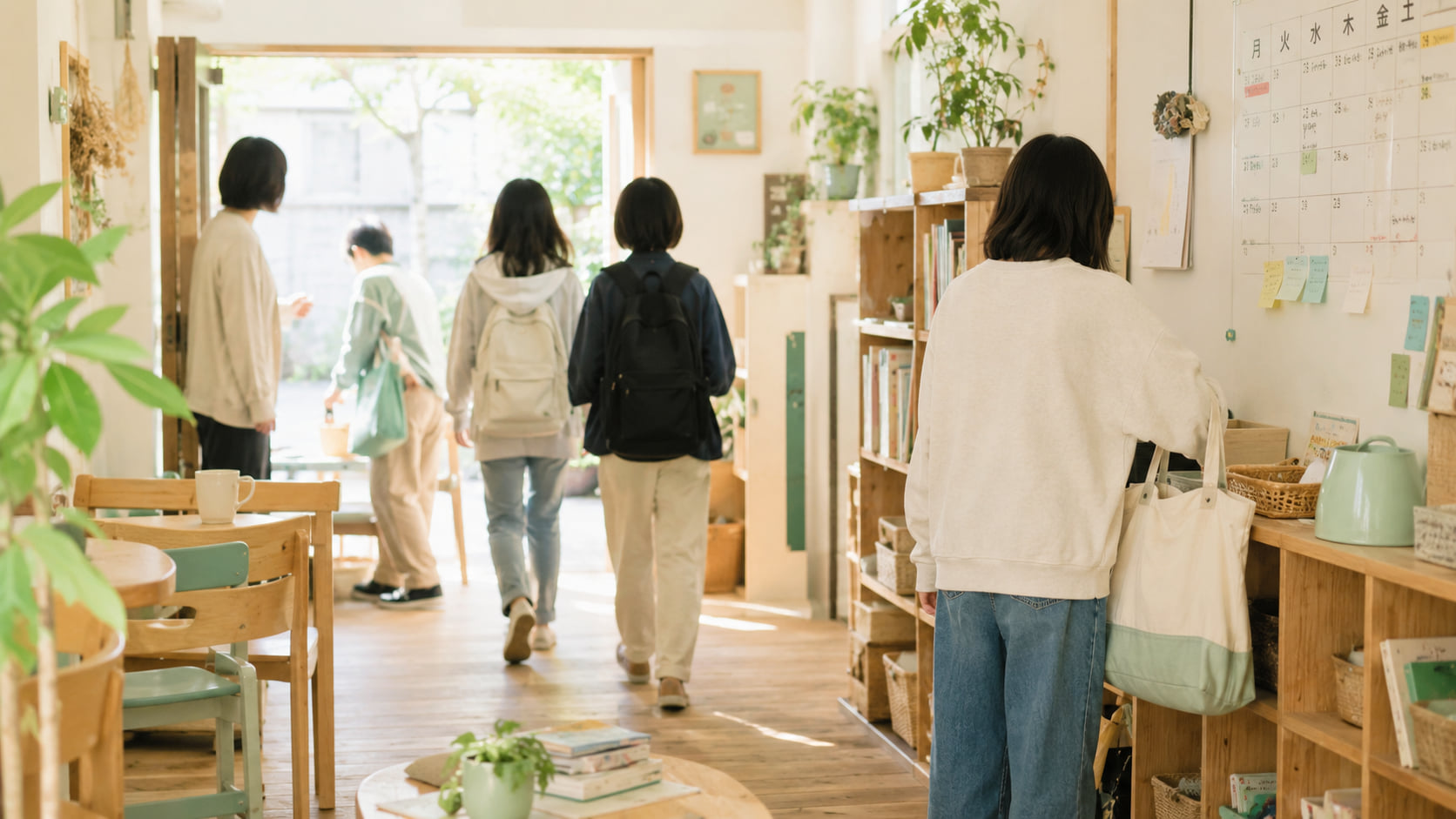 教室入口の様子。カレンダーが置かれた明るい入り口。
