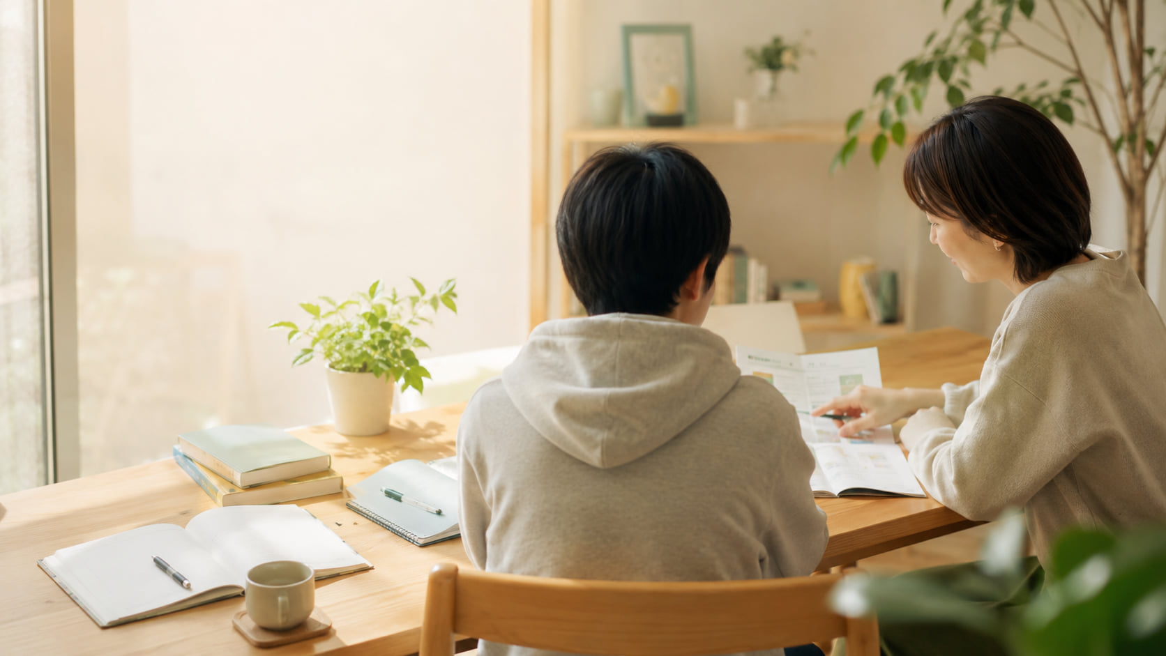進路相談の様子。書類と植物が並ぶ静かなテーブル。