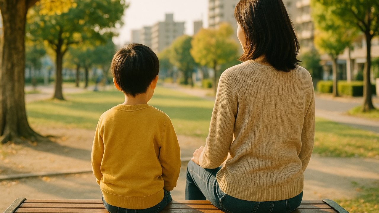 亀戸・錦糸町エリアの穏やかな街並みや公園で、親子がベンチに並んで座っている温かみのある写真。子どもの顔は写らないアングルで