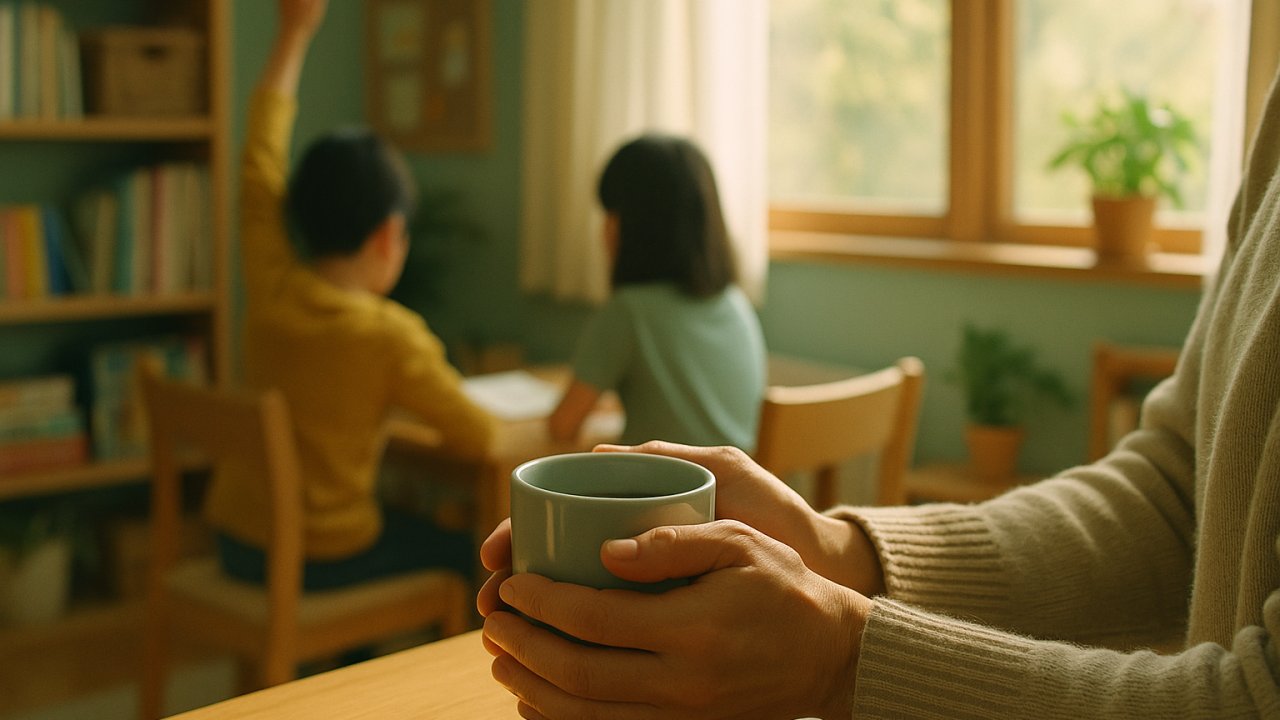 サムネイル用。朝の柔らかい光の中、窓辺でコーヒーカップを両手で包むように持つ大人の手。落ち着いた、温かみのある雰囲気