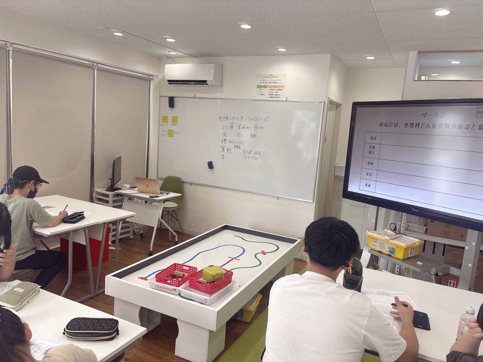 子どもたちが輪になって話し合っている様子。黒板やホワイトボードに意見が書き出されている雰囲気。温かみのある教室の空気感が伝わる写真