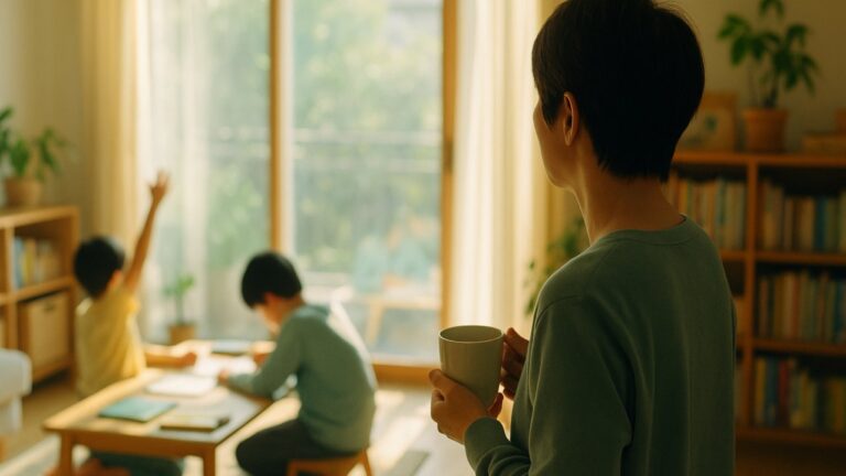 サムネイル。朝の光が差し込むリビングで、お茶を持ちながら窓の外をぼんやり見ている保護者の後ろ姿。温かみのある、落ち着いた雰囲気の写真