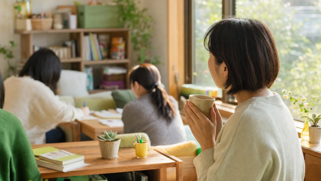 サムネイル｜窓際で温かいマグカップを両手で持ち、穏やかな表情でどこかを見つめている保護者（大人）の手元や横顔。温かく落ち着いた雰囲気で