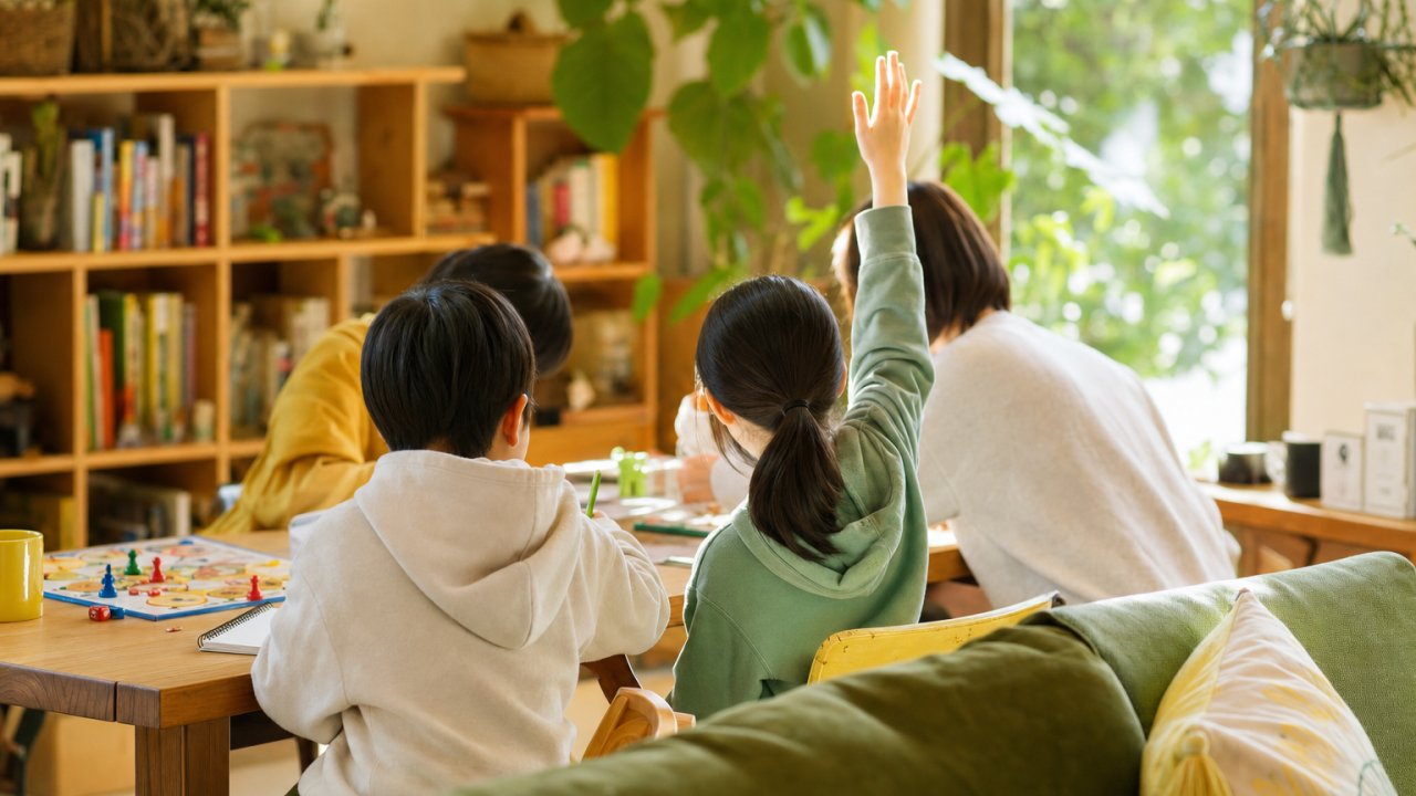 明るい室内で子どもがスタッフと一緒に何かに取り組んでいる様子。安心感・温かさが伝わる雰囲気で。保護者が「預けられる」「見てもらえる」と感じられるイメージ