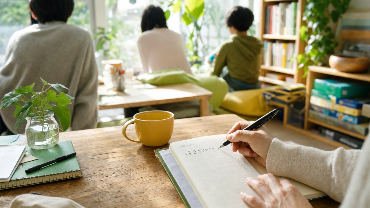 手帳やノートに、シンプルな言葉を書いている大人の手元。「今日のいいこと」などの言葉が見える
