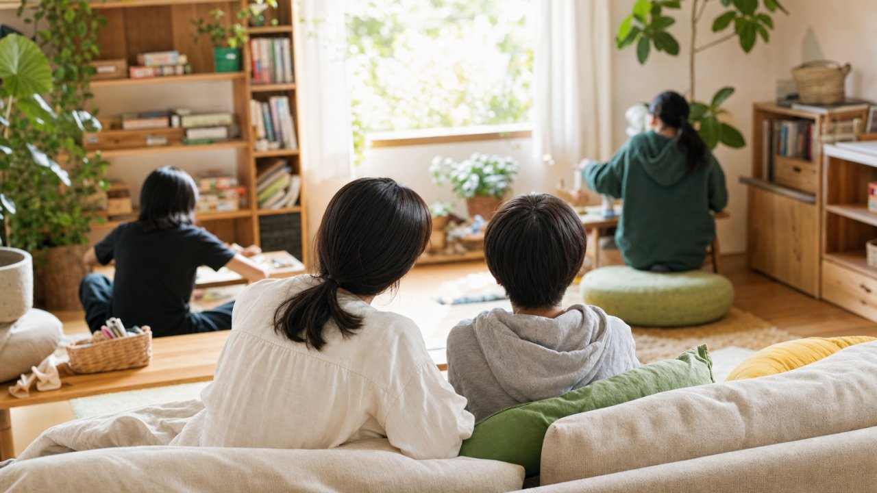 親子がリビングのソファに並んで座っている様子。会話はなくても、ただそこにいる、という温かい空気感