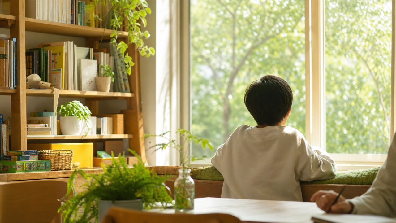 窓から外を見ている子どもの後ろ姿。穏やかな昼の光。不安ではなく「静かな時間」を感じさせる雰囲気のもの(サムネイル用)