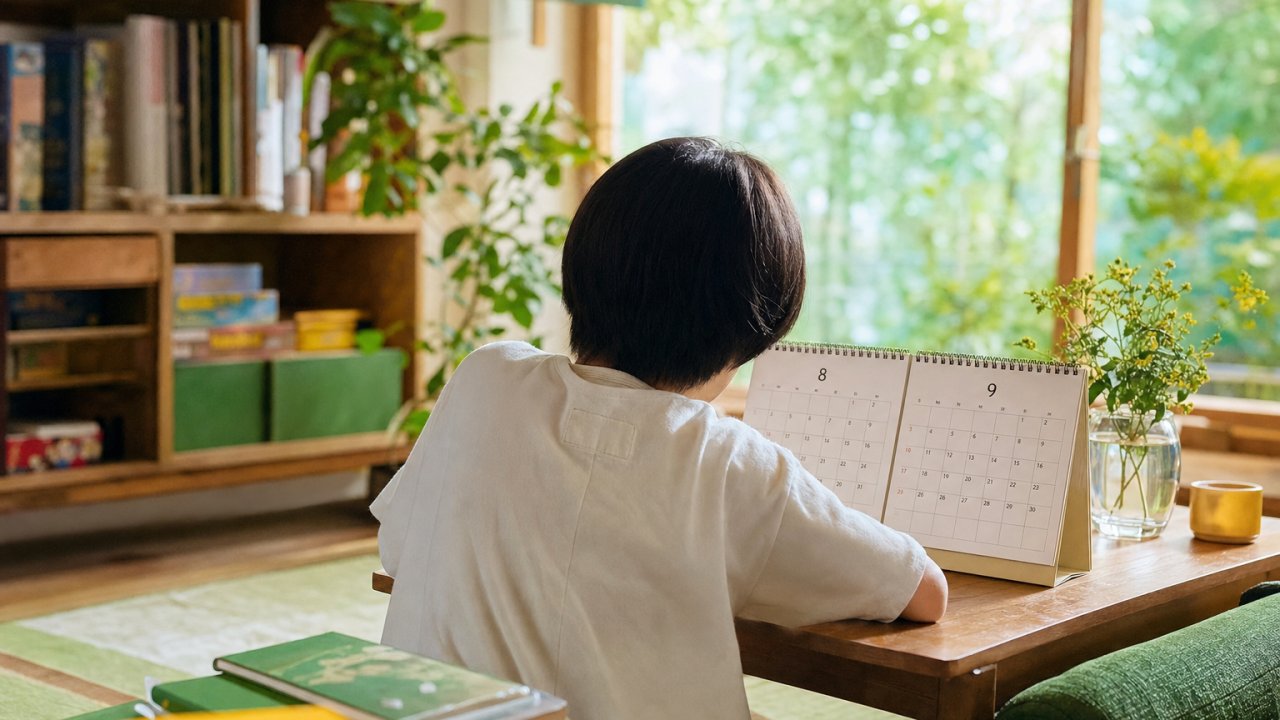 カレンダーの8月・9月のページが写っていて、子どもがじっとそれを見ているような後ろ姿のイメージ。重さや不安を静かに表現