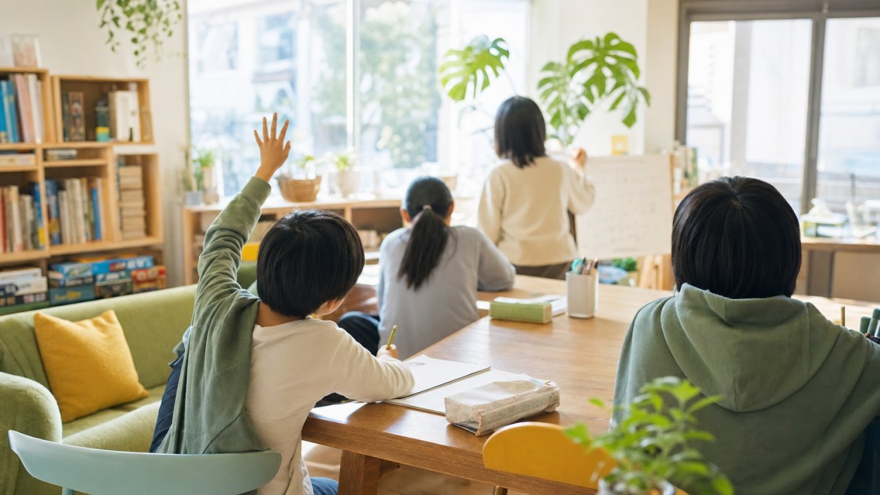 保護者と子どもが並んで穏やかに話している様子、または親子でテーブルに座って何かを見ているシーン
