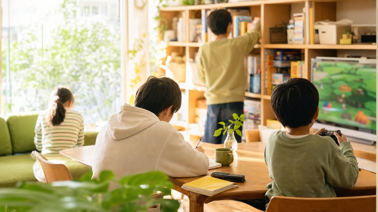 子どもが窓際でぼんやり外を見ているシーン。後ろ姿。穏やかで静かな雰囲気。