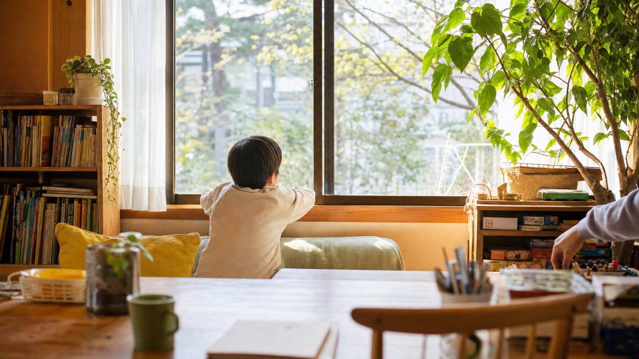 子どもが窓の外をぼんやり眺めている後ろ姿。静かで穏やかな雰囲気。「言葉にならない気持ち」を表現するイメージ