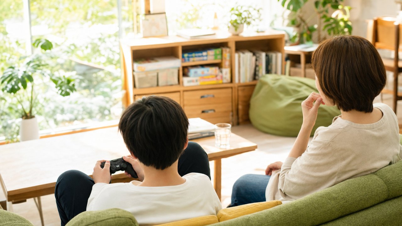 子どもがソファでゲームコントローラーを持ってリラックスしている様子。親が隣に座って穏やかに見守っているイメージ