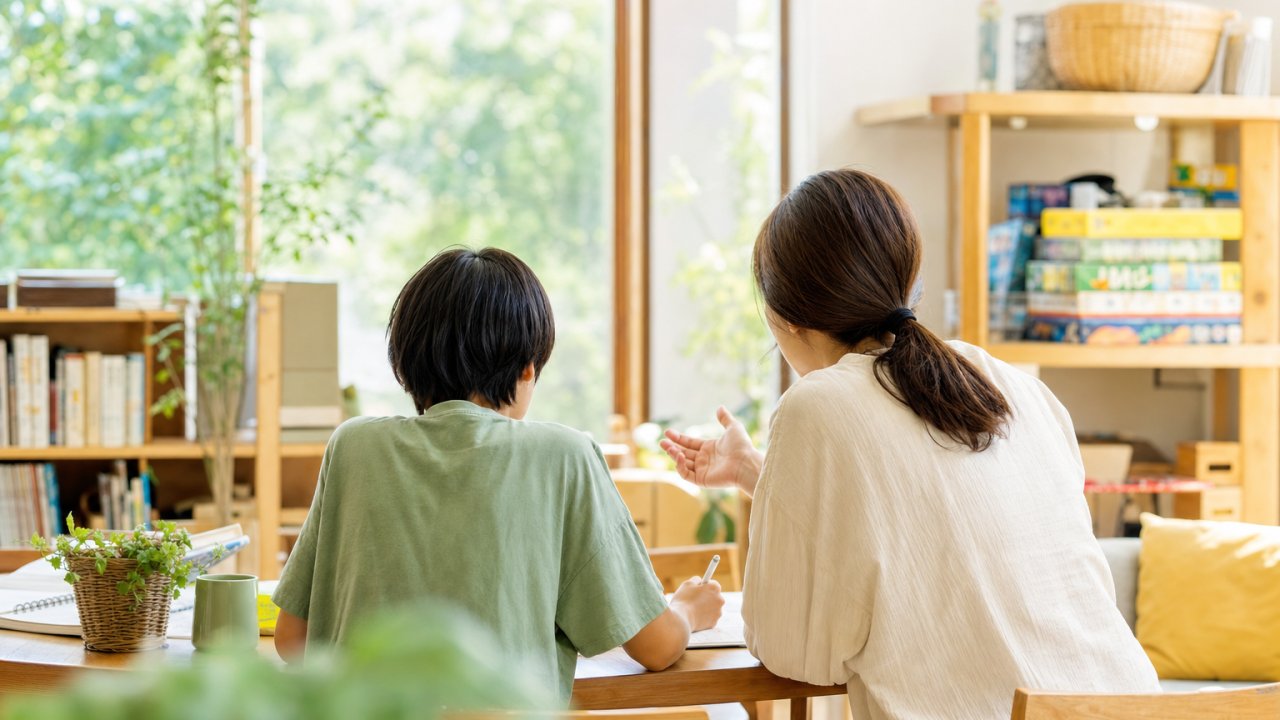 穏やかな日差しの中、子どもとゆっくり話しているような保護者のイメージ。対話・寄り添いの雰囲気